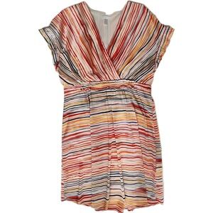 London Times Short Sleeve Ruched Gathered Waist Citrus Stripe Mock Wrap Dress 16